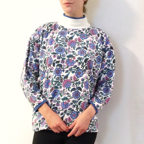 Vintage Gitano Floral Turtleneck Sweatshirt White Blue Purple - Picture 3 of 4
